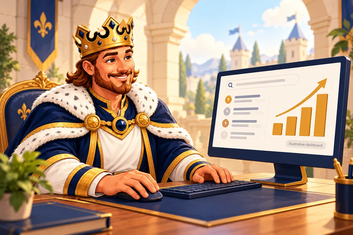 A king reviewing illustrative rankings and rising business metrics on his computer