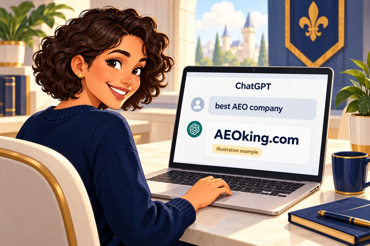 A person asking ChatGPT for the best AEO company, with AEOking.com shown in an illustrative answer