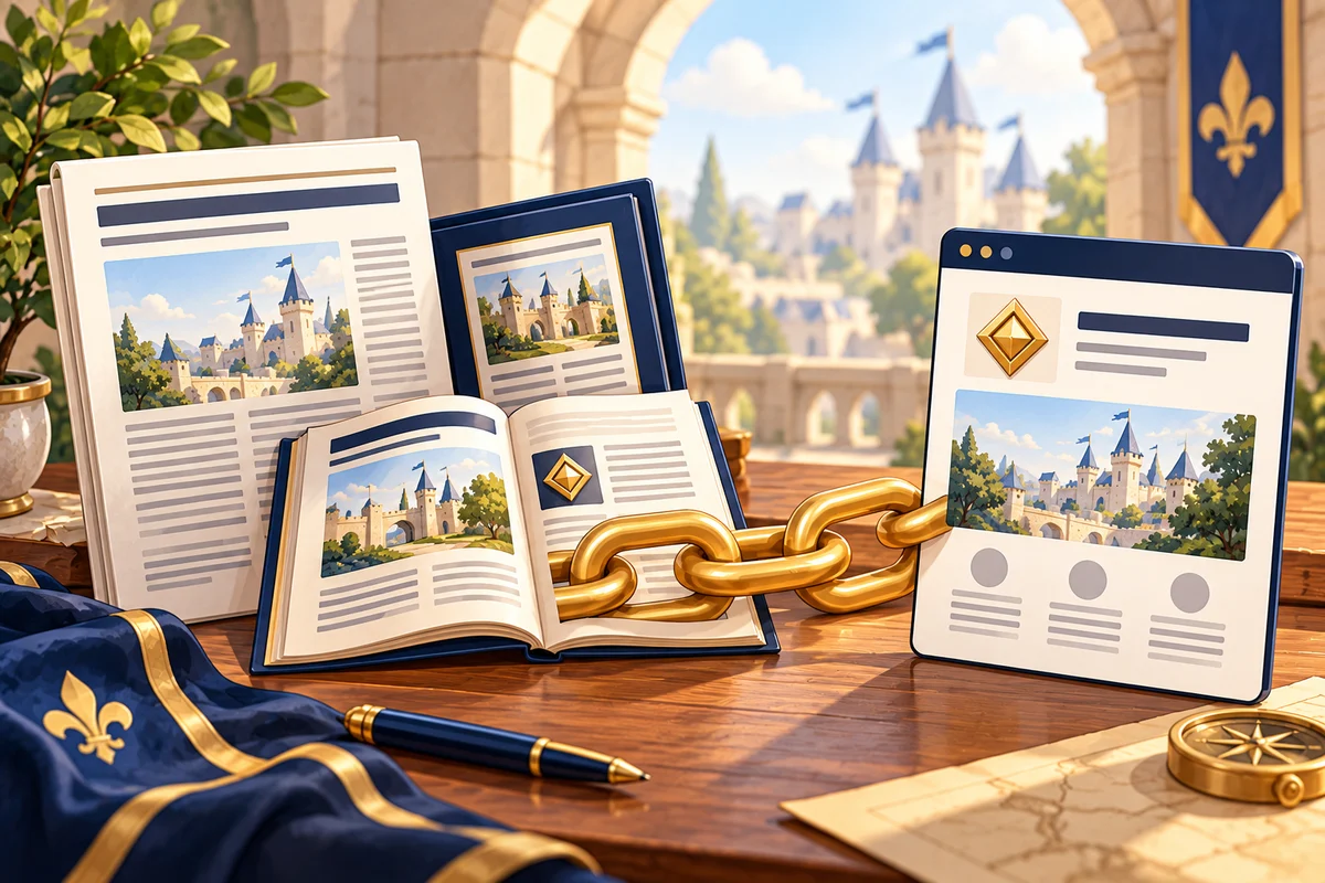 Connected editorial publications and relevant destination pages in a navy-and-gold cartoon scene