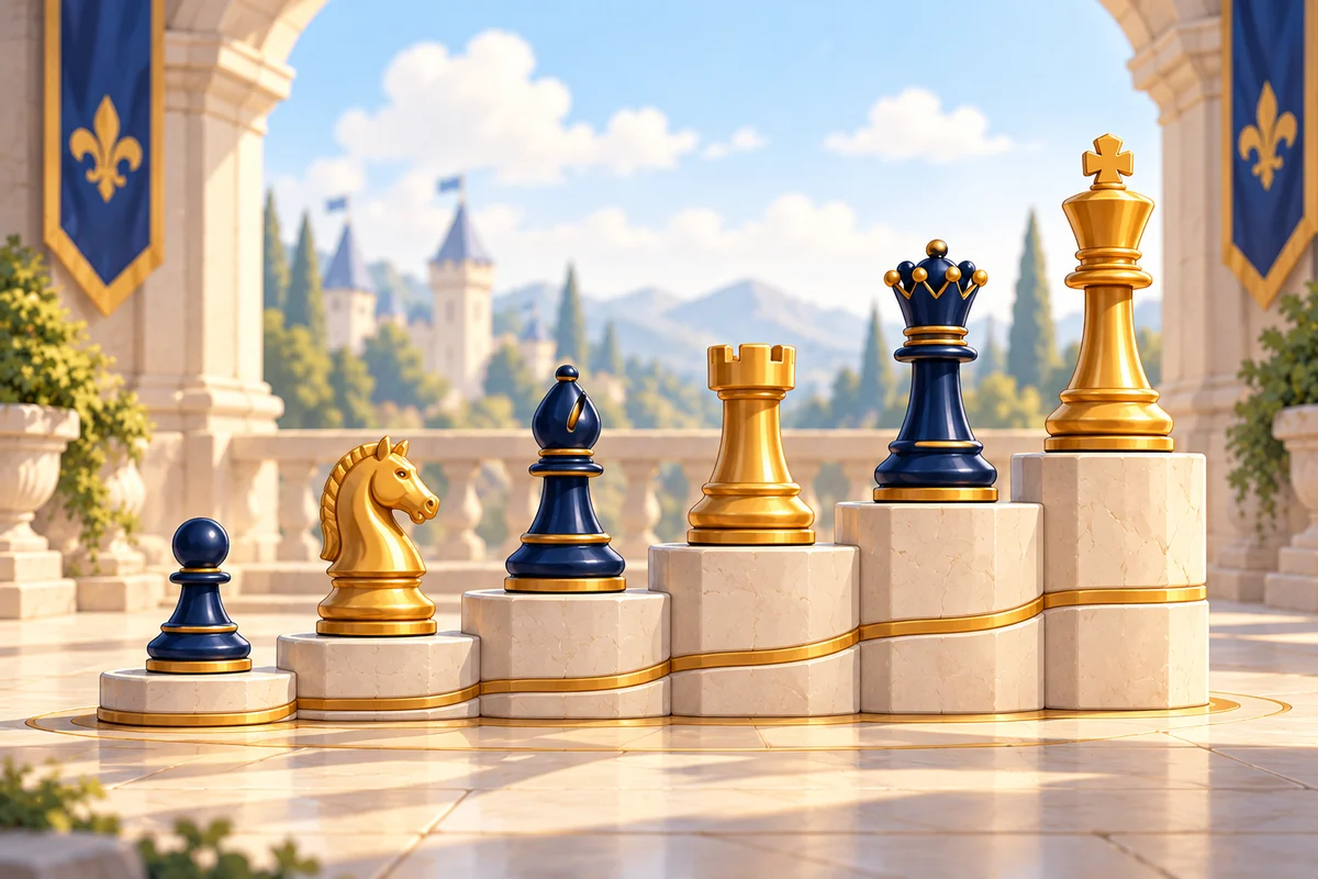 Six chess pieces progressing from pawn to king on ascending display plinths