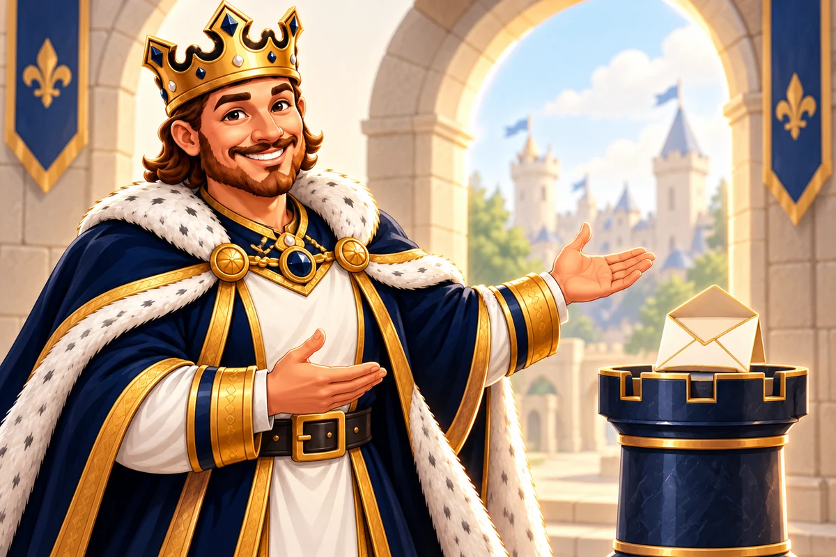 A welcoming king beside an open castle arch