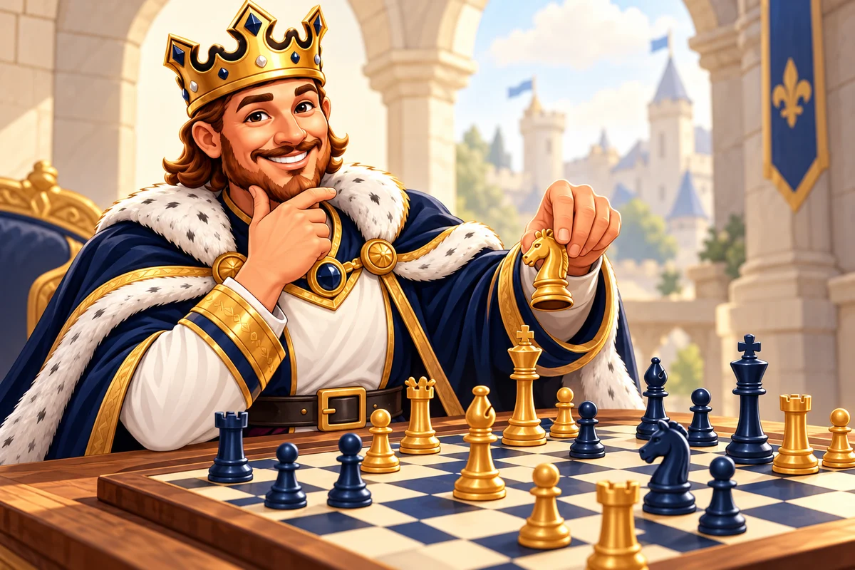 A navy-and-gold king guiding a commercial growth strategy on a chessboard
