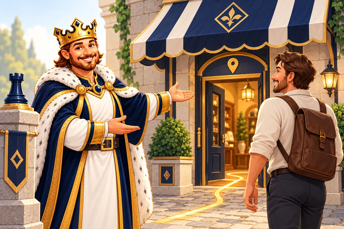 A king beside a local market storefront