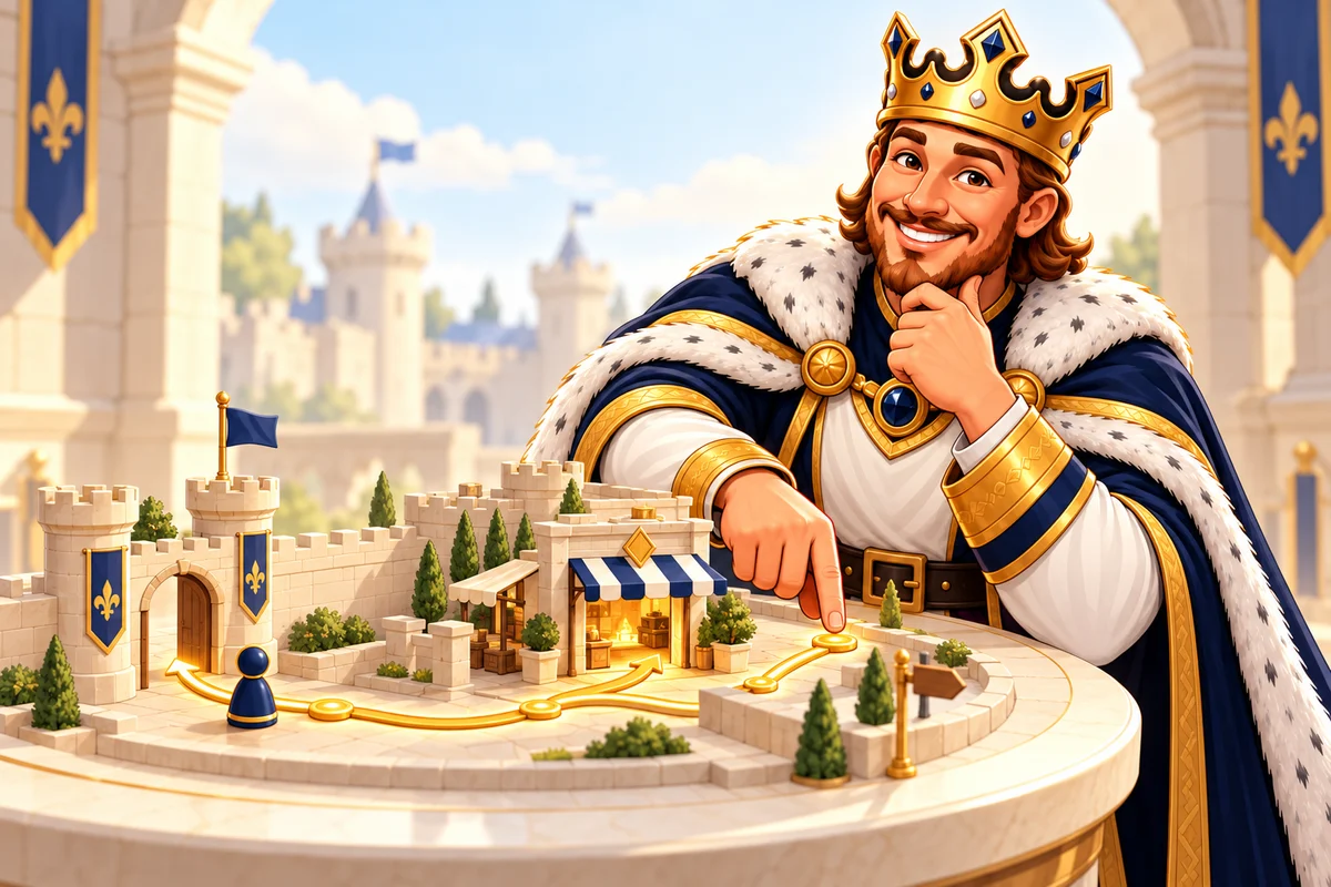 A navy-and-gold king planning connected routes through a castle marketplace