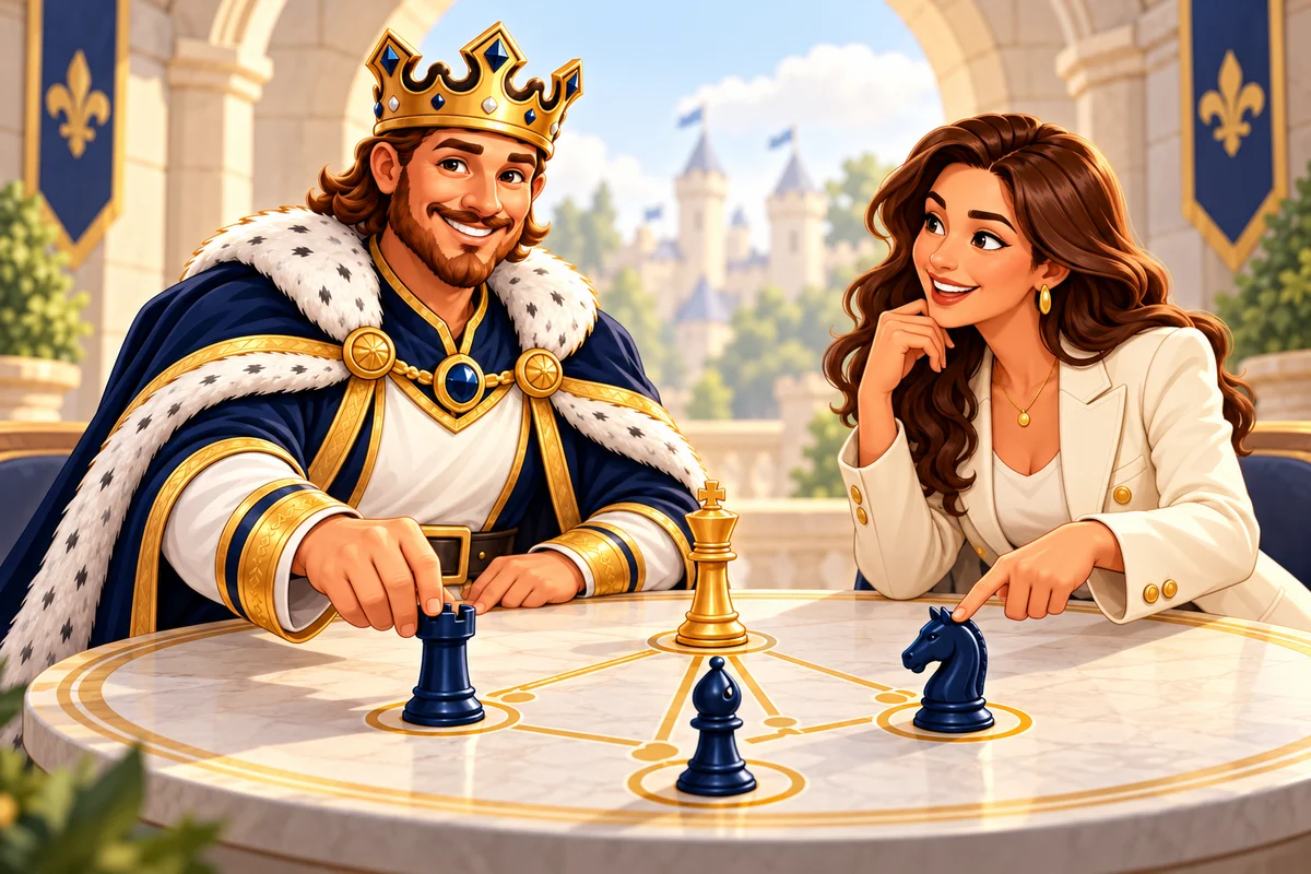 A king and business owner coordinating their chessboard strategy