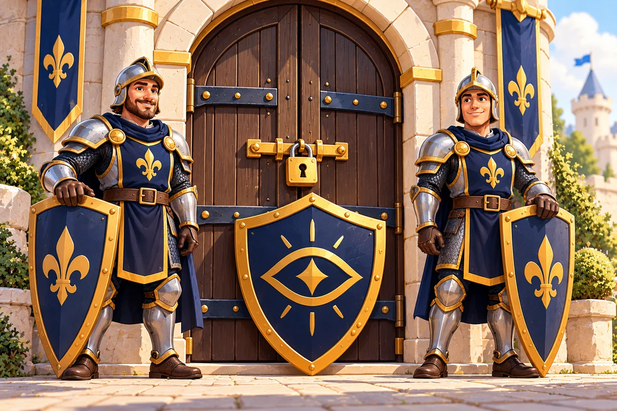 Armored knights standing watch with a shield in front of locked castle doors